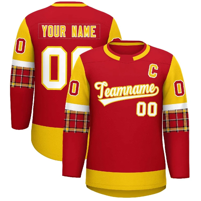 Custom Red Gold Personalized Raglan Sleeves Round-Neck Hockey Jersey