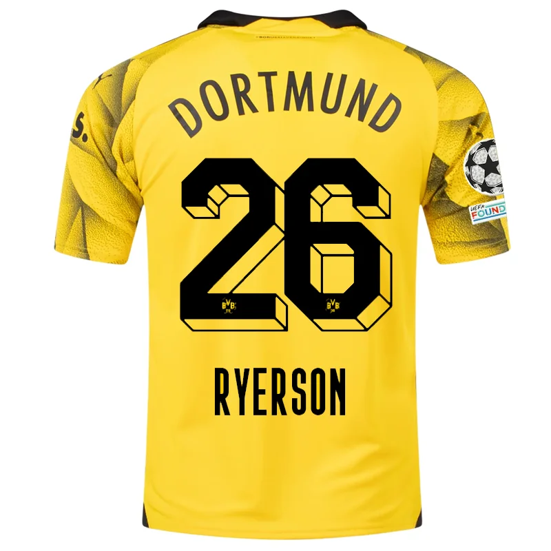 Puma Mens Borussia Dortmund Julian Ryerson Third Jersey w/ Champions League Patches 23/24 (Cyber Yellow/Puma Black)