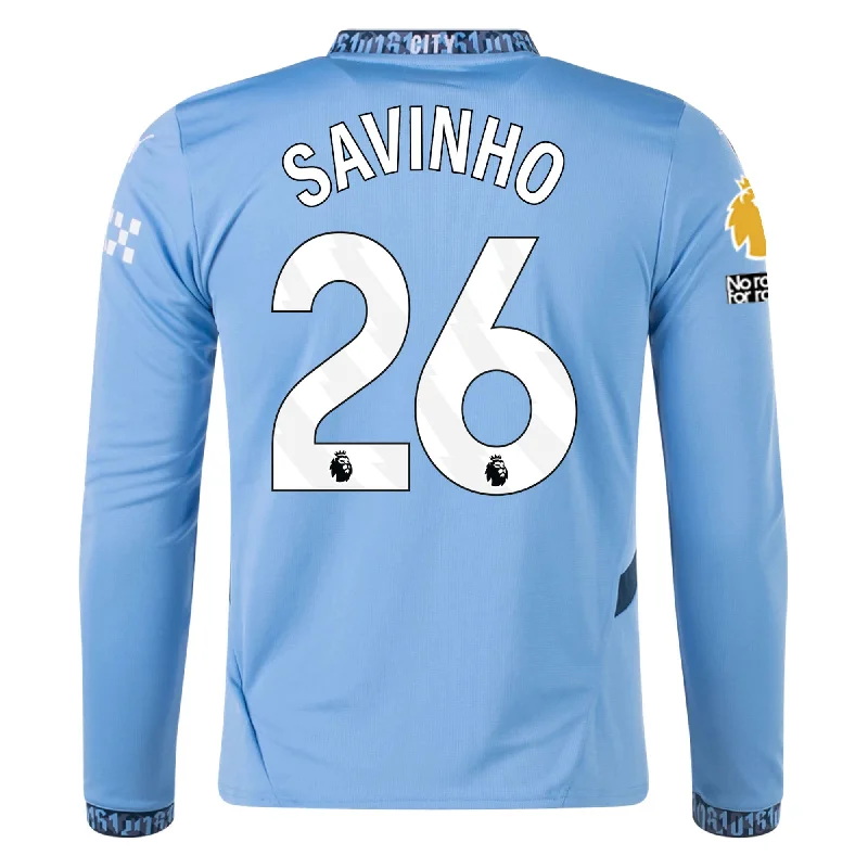 Puma Manchester City Savinho Home Long Sleeve Jersey w/ EPL + No Room For Racism Patch 24/25 (Team Light/Marine Blue)