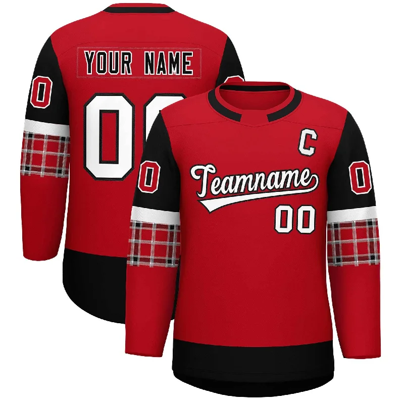 Custom Red Black Personalized Raglan Sleeves Round-Neck Hockey Jersey