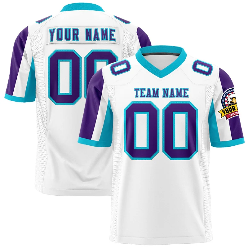 Custom White Purple-Sky Blue Color Block Personalized Raglan Sleeves Authentic Football Jersey