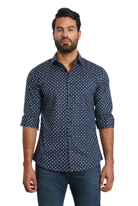 Dark Navy Polka Dots Long Sleeve Shirt Th-2852