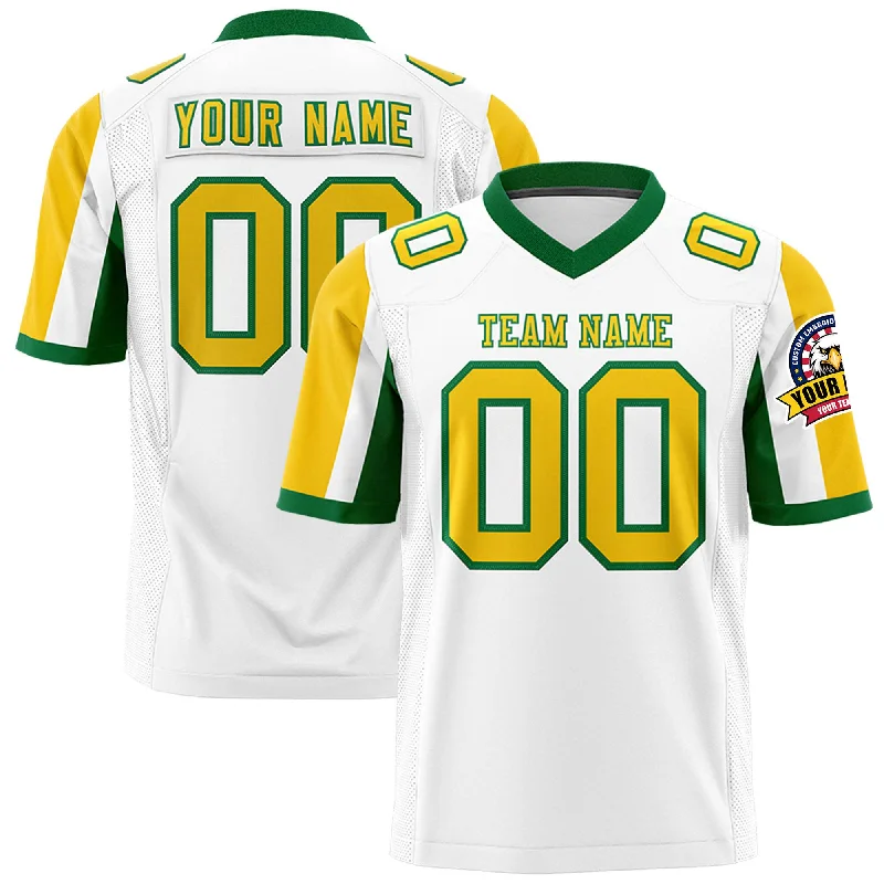 Custom White Gold-Kelly Green Color Block Personalized Raglan Sleeves Authentic Football Jersey