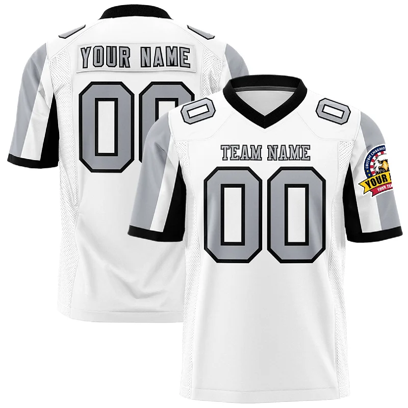 Custom White Gray-Black Color Block Personalized Raglan Sleeves Authentic Football Jersey