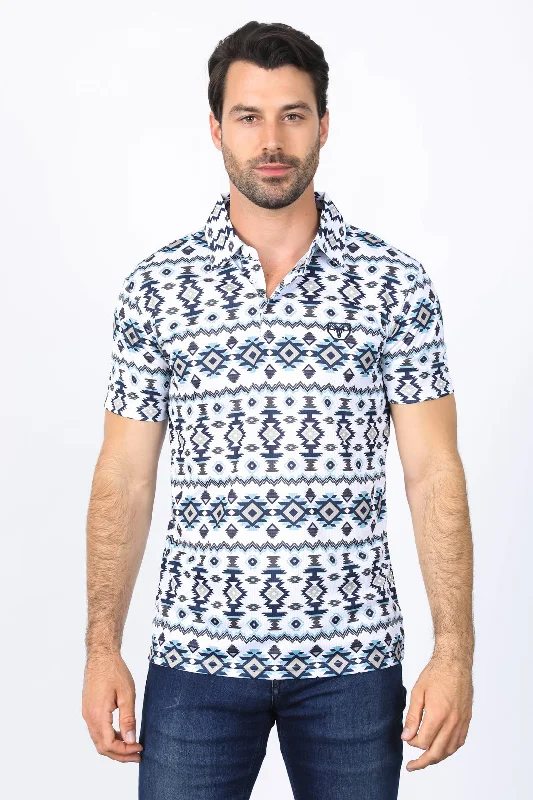 Mens Performance Fabric Modern Fit Stretch Aztec Print White Polo