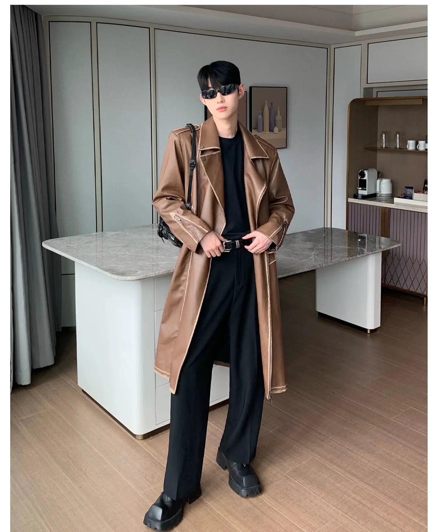 Over-the-knee Mid-length Leather Coat