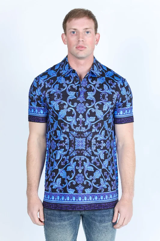 Mens Modern Fit Stretch Baroque Print Polo with Rhinestones