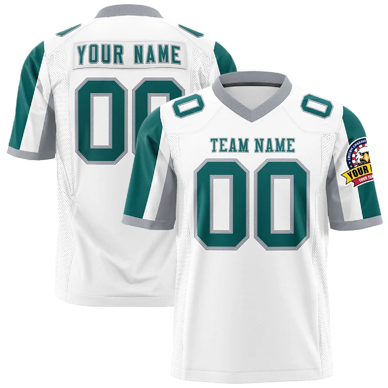 Custom White Aqua-Gray Color Block Personalized Raglan Sleeves Authentic Football Jersey