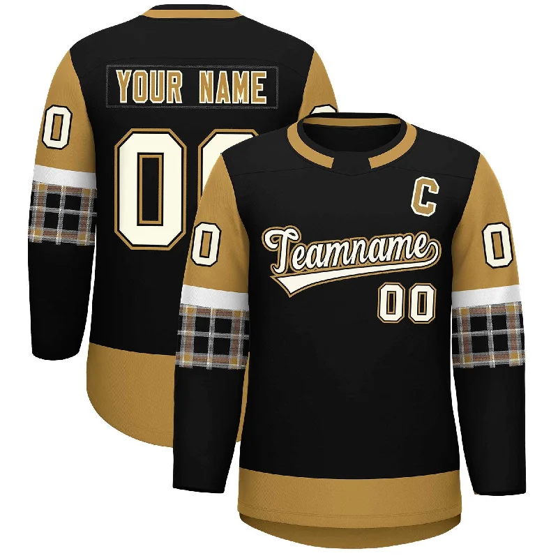 Custom Black Old Gold Personalized Raglan Sleeves Round-Neck Hockey Jersey