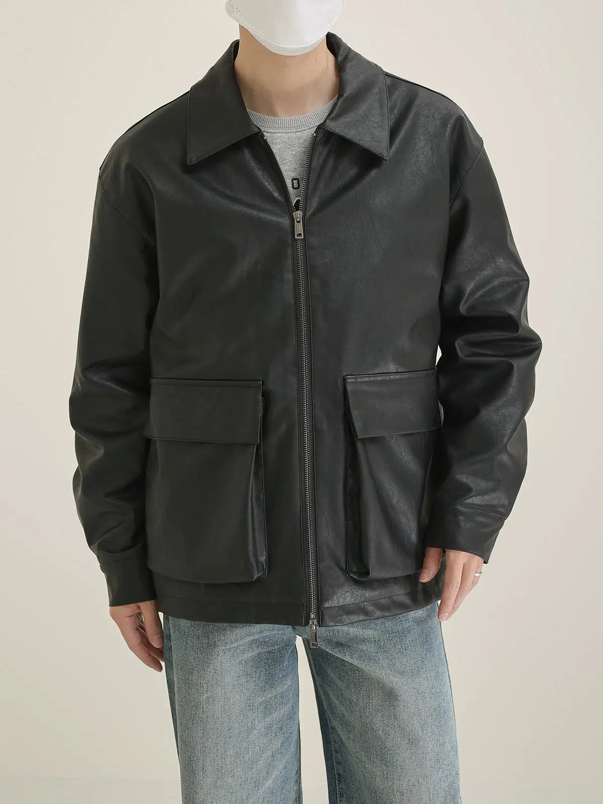 Large Pocket Black Leather Jacket