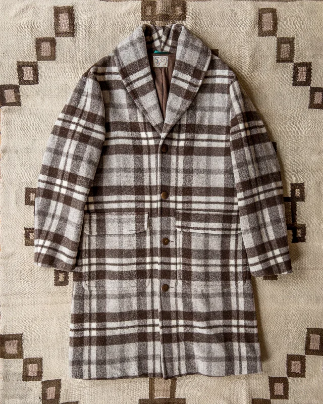 Shawl Collar Wool Overcoat - Brown/Cream Plaid Casentino