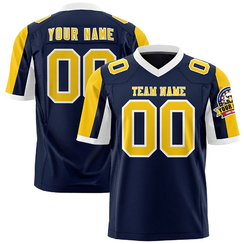 Custom Navy Gold-White Color Block Personalized Raglan Sleeves Authentic Football Jersey