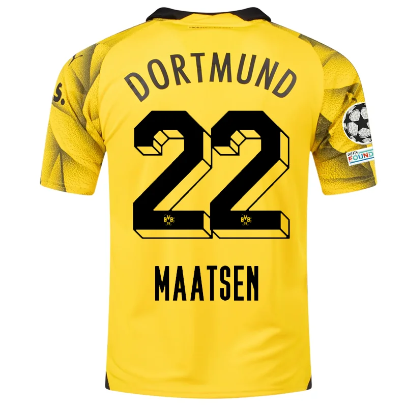 Puma Mens Borussia Dortmund Ian Maatsen Third Jersey w/ Champions League Patches 23/24 (Cyber Yellow/Puma Black)