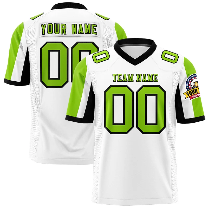 Custom White Neon Green-Black Color Block Personalized Raglan Sleeves Authentic Football Jersey