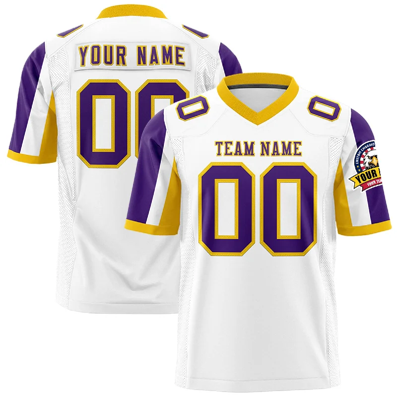 Custom White Purple-Gold Color Block Personalized Raglan Sleeves Authentic Football Jersey