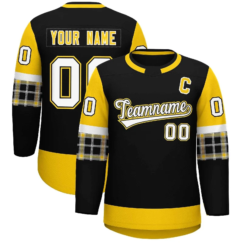 Custom Black Gold Personalized Raglan Sleeves Round-Neck Hockey Jersey