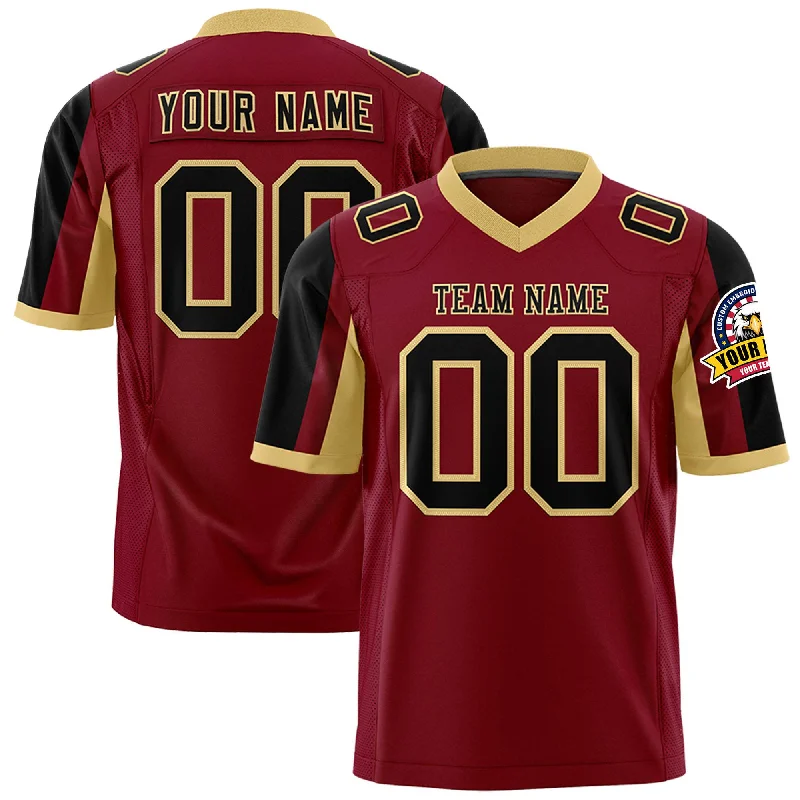 Custom Crimson Black-Khaki Color Block Personalized Raglan Sleeves Authentic Football Jersey