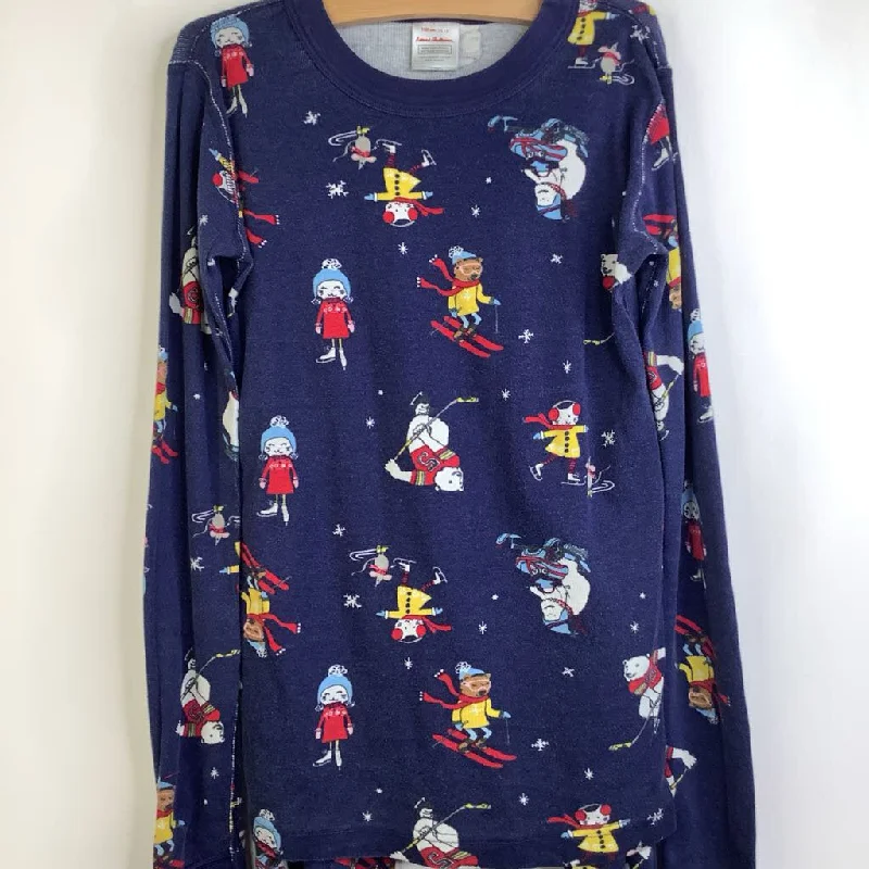 Size 12 (150): Hanna Andersson Navy Blue Animals Playing Winter Sports Long Sleeve 2pc PJS