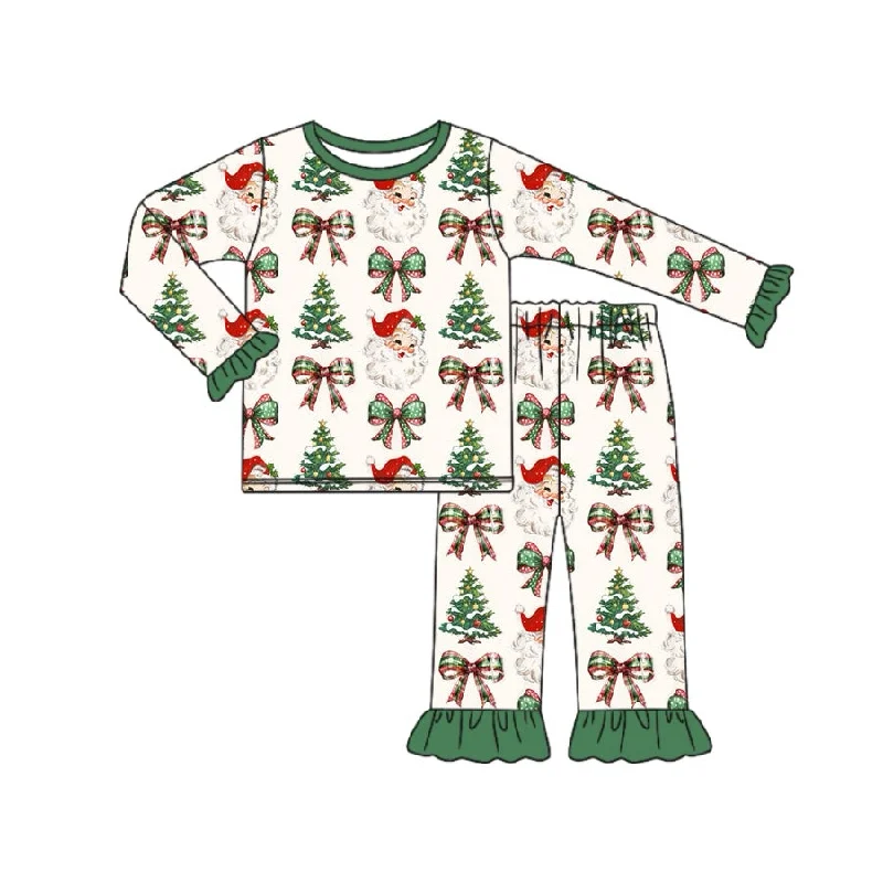 Preorder GLP1960 Santa Claus bow pattern Green lace beige long sleeve trousers pajamas set high quality