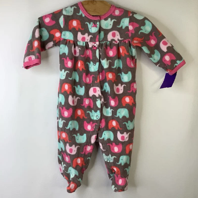 Size 6m: Carter's Brown/Colorful Elephants Long Sleeve 1pc Fleece Footy PJS