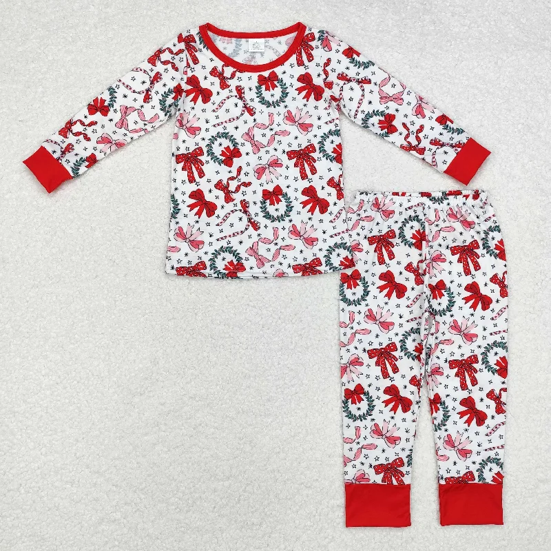 GLP1879 Modal Christmas Star wreath bow pattern Red and white long sleeve trousers pajamas set