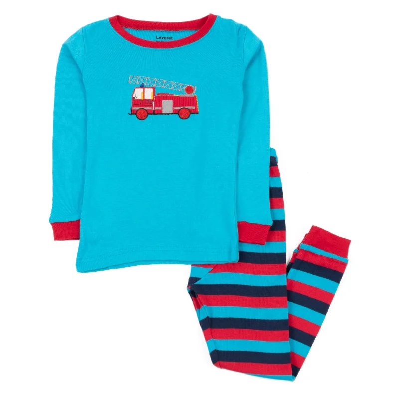 Kids Two Piece Cotton Pajamas Fire Truck With Stripes