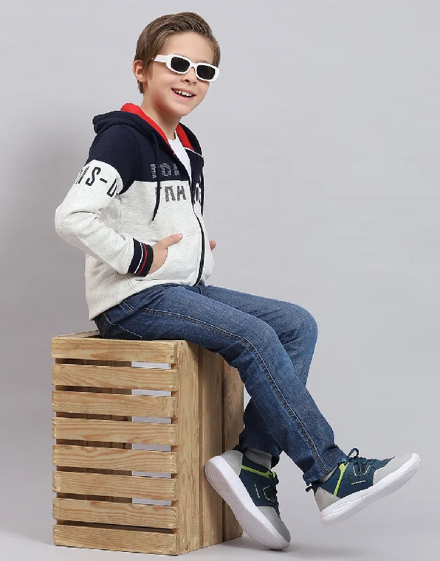 Boys Navy Blue Printed Hooded Full Sleeve Sweatshirt