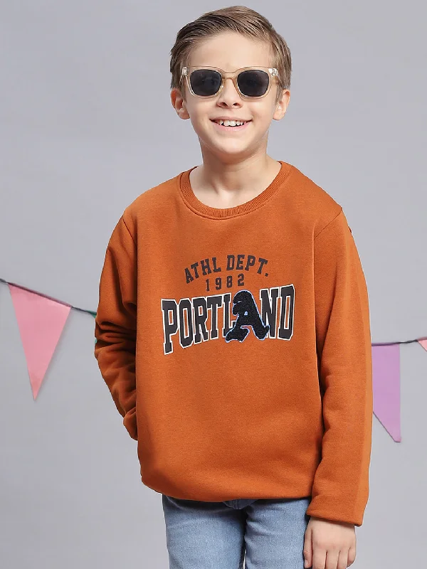 Boys Brown Printed Round Neck Full Sleeve Sweatshirt