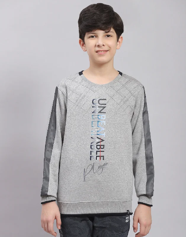 Boys Grey Melange Printed Round Neck Full Sleeve Sweatshirt