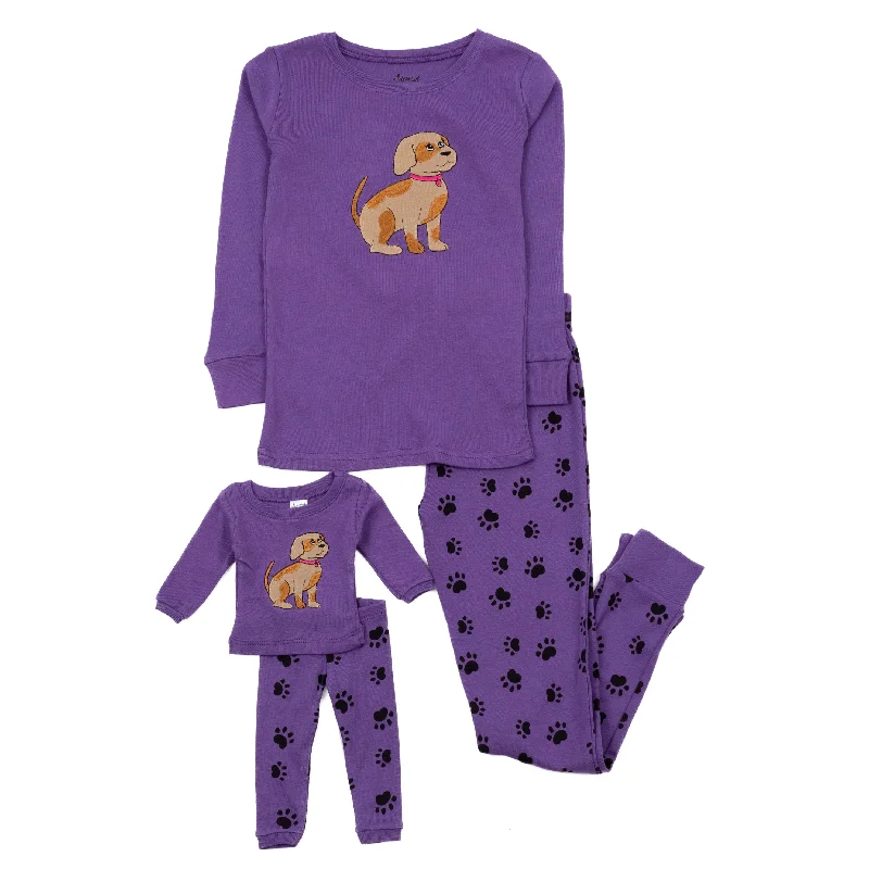 Girls and Matching Doll Cotton Pajamas Dog Paw Purple