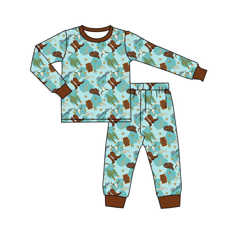 Preorder BLP0928 Cow head cactus cowboy hat boots brown blue long sleeve trousers pajamas set