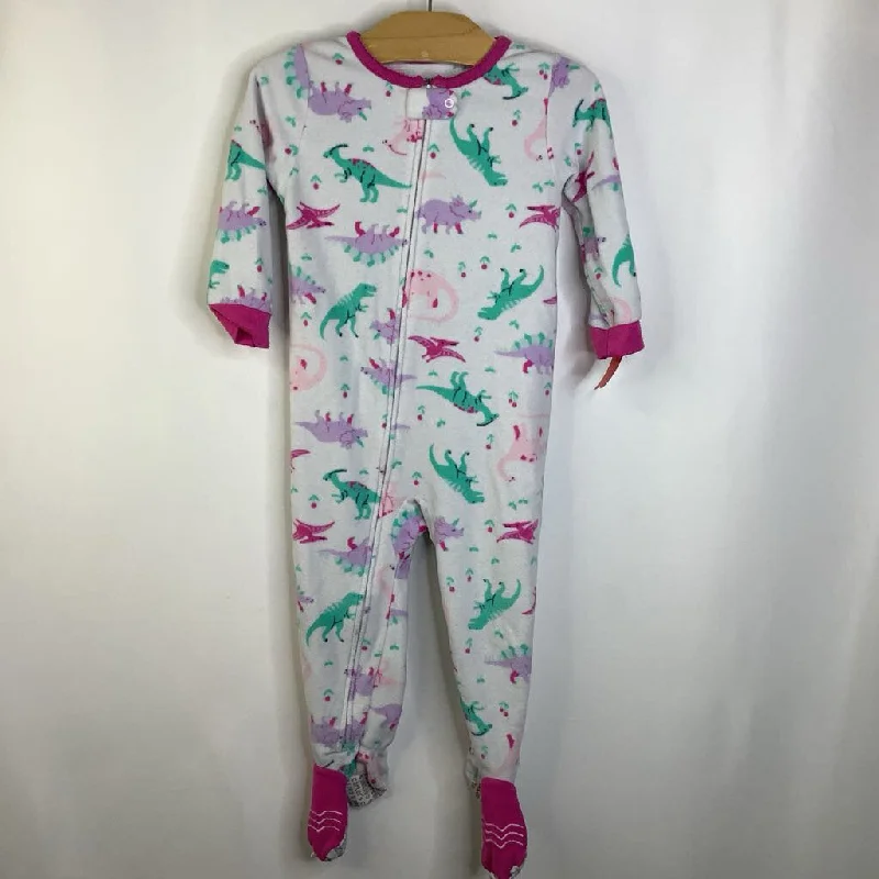 Size 2: Carter's White Pink/Lavender/Turquoise Dinosaurs Fleece Footed Long Sleeve PJs