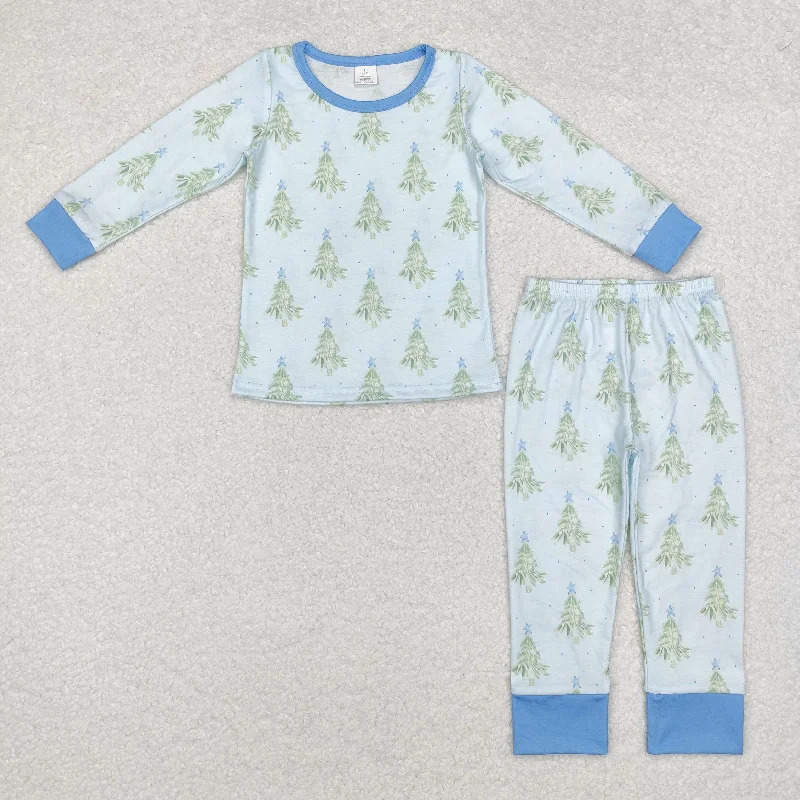 BLP0639 Modal Christmas Tree Stars Blue Long sleeve pants pajamas set High quality