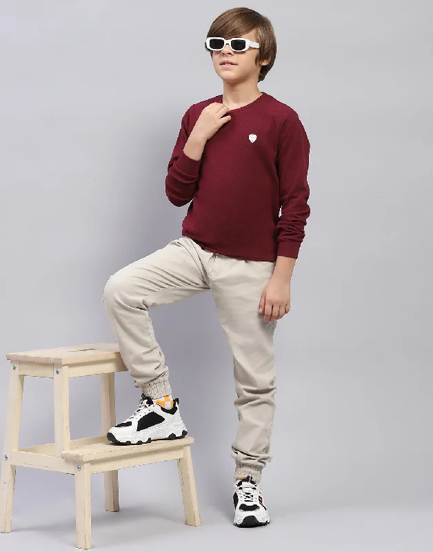 Boys Maroon Solid Round Neck Full Sleeve Sweatshirt