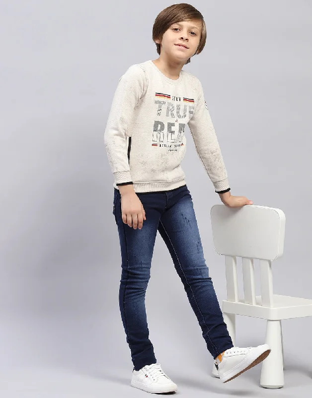 Boys Beige Printed Round Neck Full Sleeve Sweatshirt