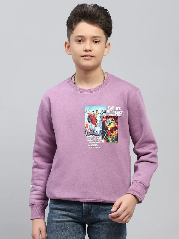 Boys Purple Printed Round Neck Full Sleeve Sweatshirt