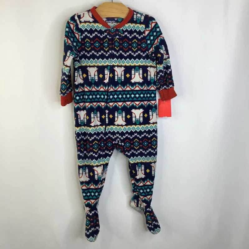 Size 12m: Carters Navy Blue White/Red/Yellow/Turquoise Quilted Space Shuttle Fleece Footed Long Sleeve 1pc PJs