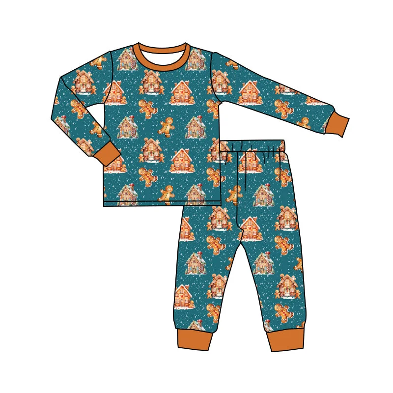 Preorder BLP0952 Gingerbread Man House Brown border long sleeve pants pajamas set High quality