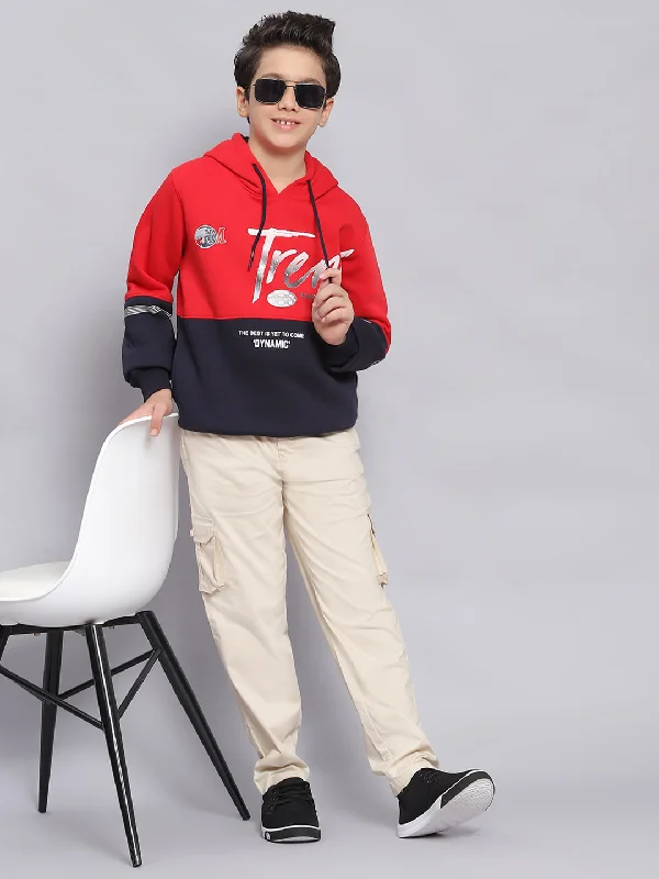 Boys Red Printed Hooded Full Sleeve Sweatshirt