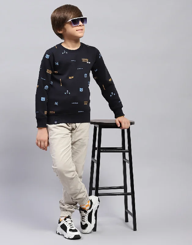 Boys Navy Blue Printed Round Neck Full Sleeve Sweatshirt