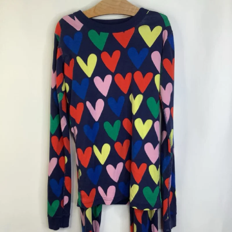 Size 14 (160): Hanna Anderson Navy Blue/Colorful Hearts 2pc PJS