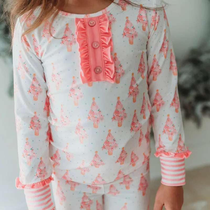 Preorder GLP1935 Christmas tree polka dot pink lace white long sleeve pants pajamas set