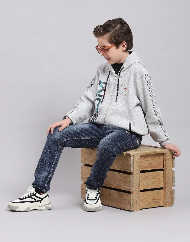 Boys Grey Melange Printed Hooded Full Sleeve Sweatshirt