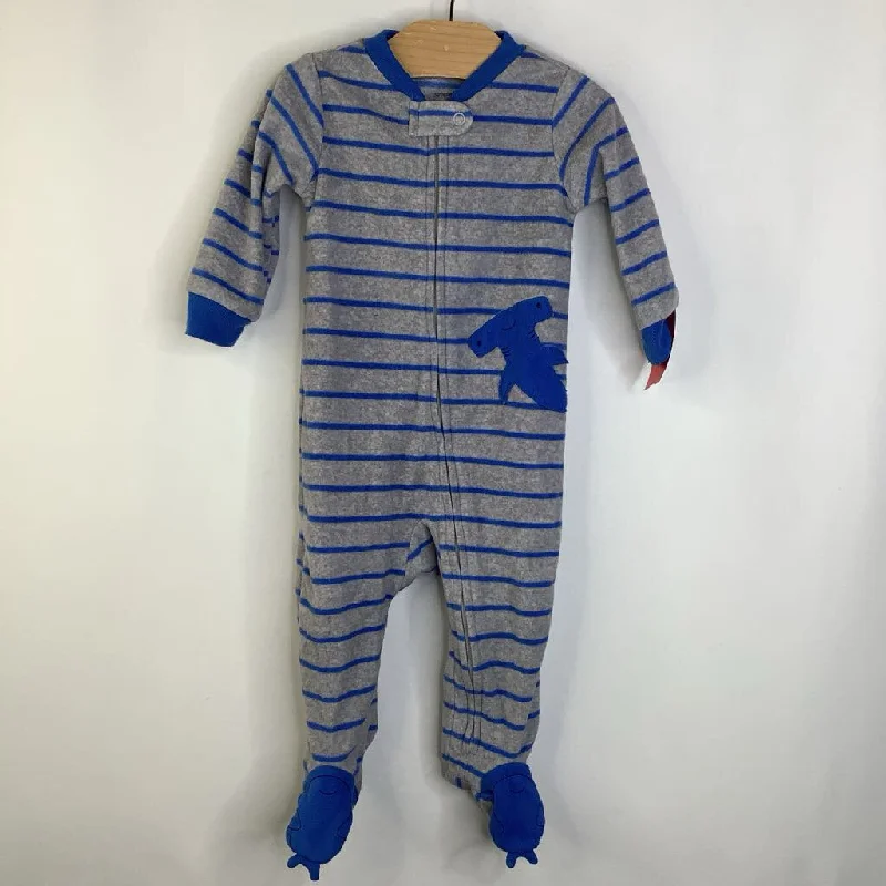 Size 6-9m: Carters Grey & Blue Striped Hammerhead Shark Fleece Footed Long Sleeve 1pc PJs