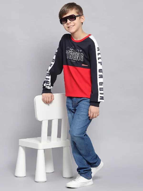 Boys Navy Blue Printed Round Neck Full Sleeve Sweatshirt