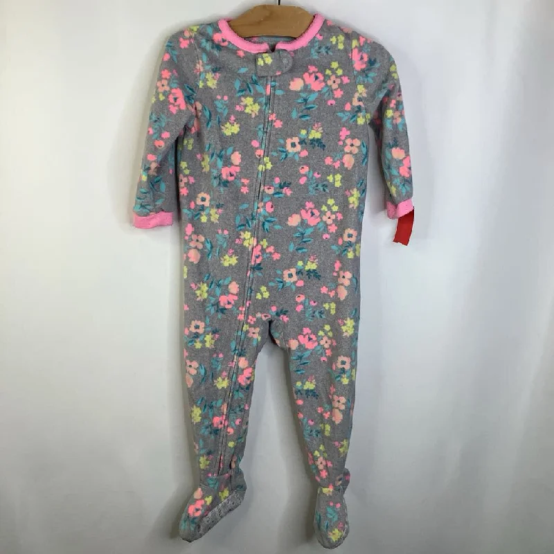 Size 2: Carter's Grey Pink/Yellow/Coral Flowers Fleece Footed Long Sleeve PJs