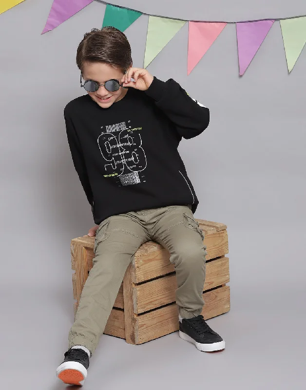 Boys Black Printed Round Neck Full Sleeve Sweatshirt