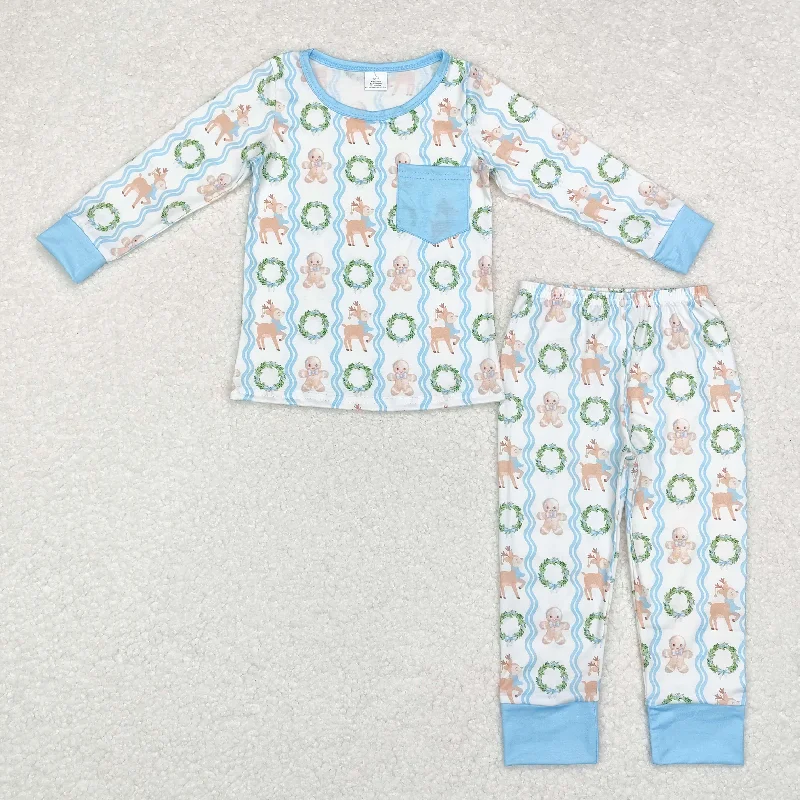 BLP0483 Modal gingerbread Man Deer Garland Blue pocket long sleeve pants pajamas set