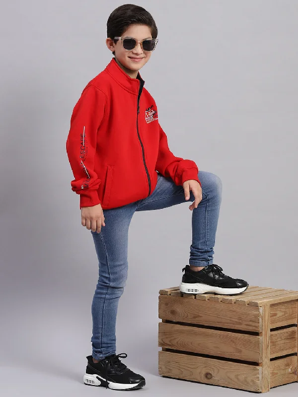 Boys Red Printed Stand Collar Full Sleeve Sweatshirt