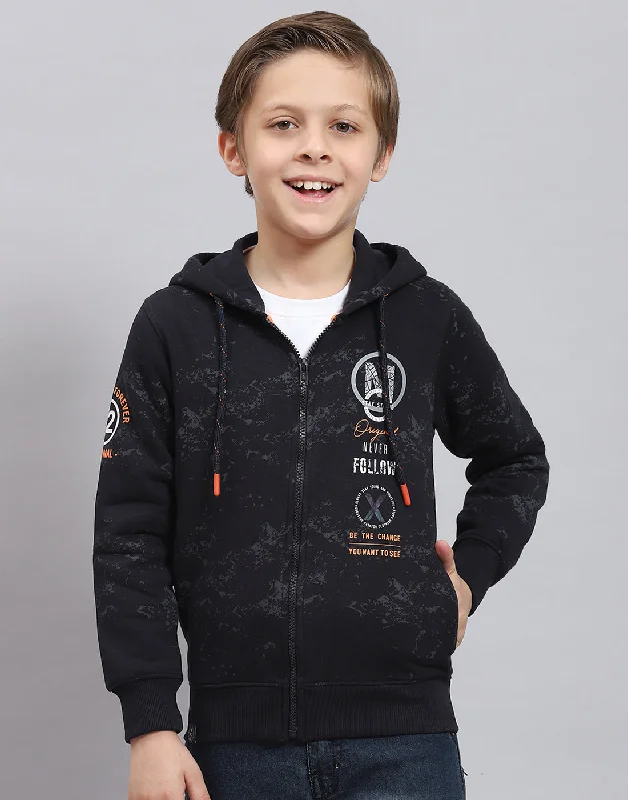 Boys Navy Blue Printed Hooded Full Sleeve Sweatshirt